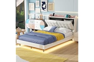 JIVOIT Full Size Upholstery Platform Bed Frame, PU Storage Upholstery Bed with Headboard Storage Space and Shelves, Wood Platform Bed with Wooden Slats and Support Legs for Kids Teens (Beige * Full,58)
