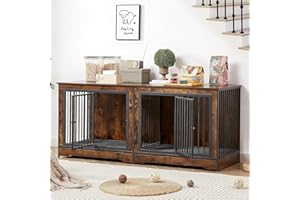 Rovibek 75'' Double Dog Crate Furniture for 2 Large Dogs, Heavy Duty Furniture Style Dog Kennel End Table, Wood Crates for Dogs Kennel Indoor Double Door, Brown