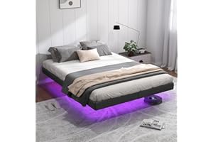 RVONOW Floating Bed Frame Full with LED Lights, Metal Platform Full size Floating Bed Frame with Under Bed Storage, Heavy Duty Steel Slats Support, No Box Spring Needed, Noise Free, Easy Assembly, Grey