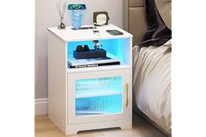 HNEBC Auto LED Nightstand with Charging Station, Smart Night Stand with Wirelss/USB/Type-C, Bedside Table with Body Sensing Lights (White)