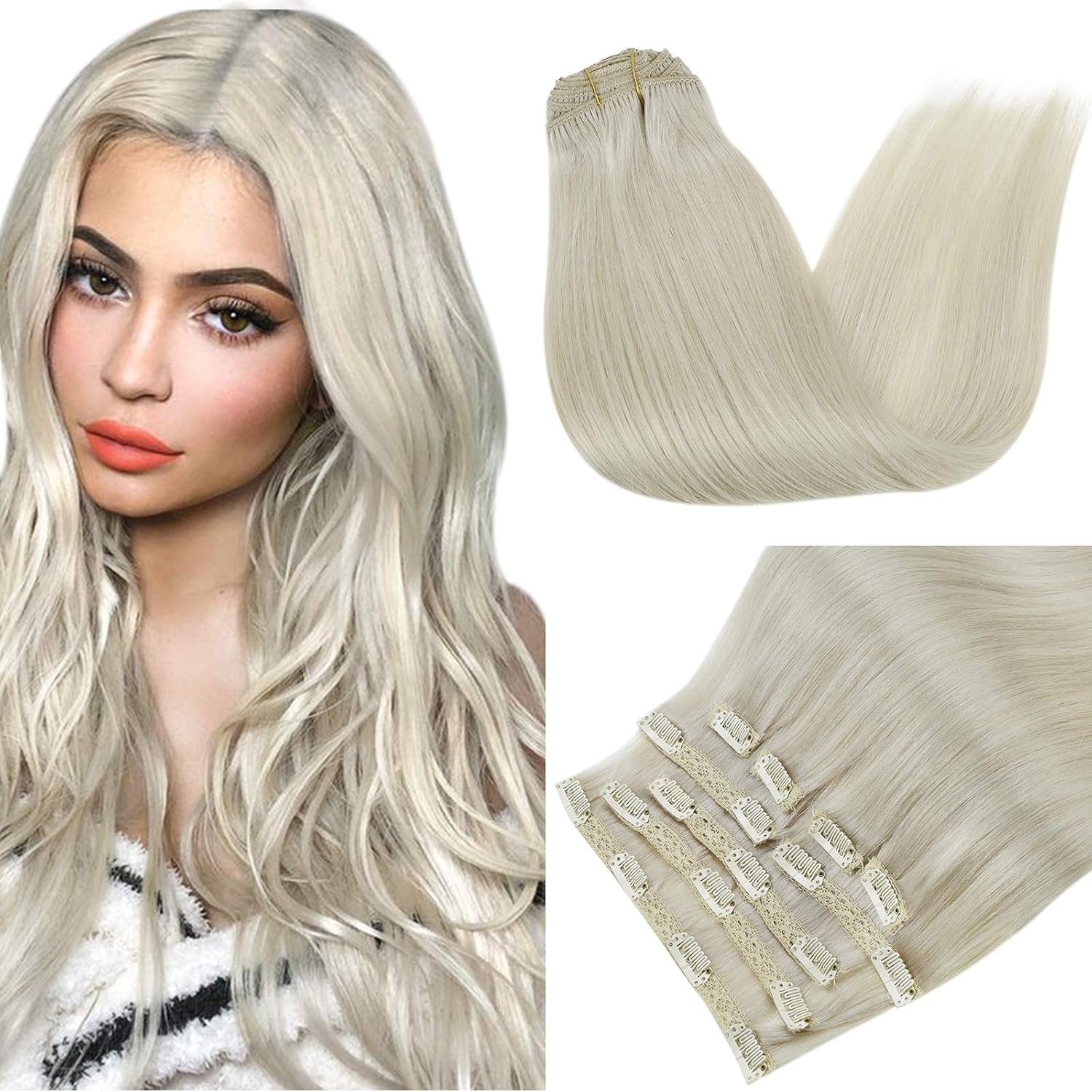 RUNATURE White Blonde Hair Extensions Clip in Real Hair Blonde Clip on Hair Extensions Human Hair Blonde Clip in Extensions Double Weft Straight 12 Inch 80 Gram