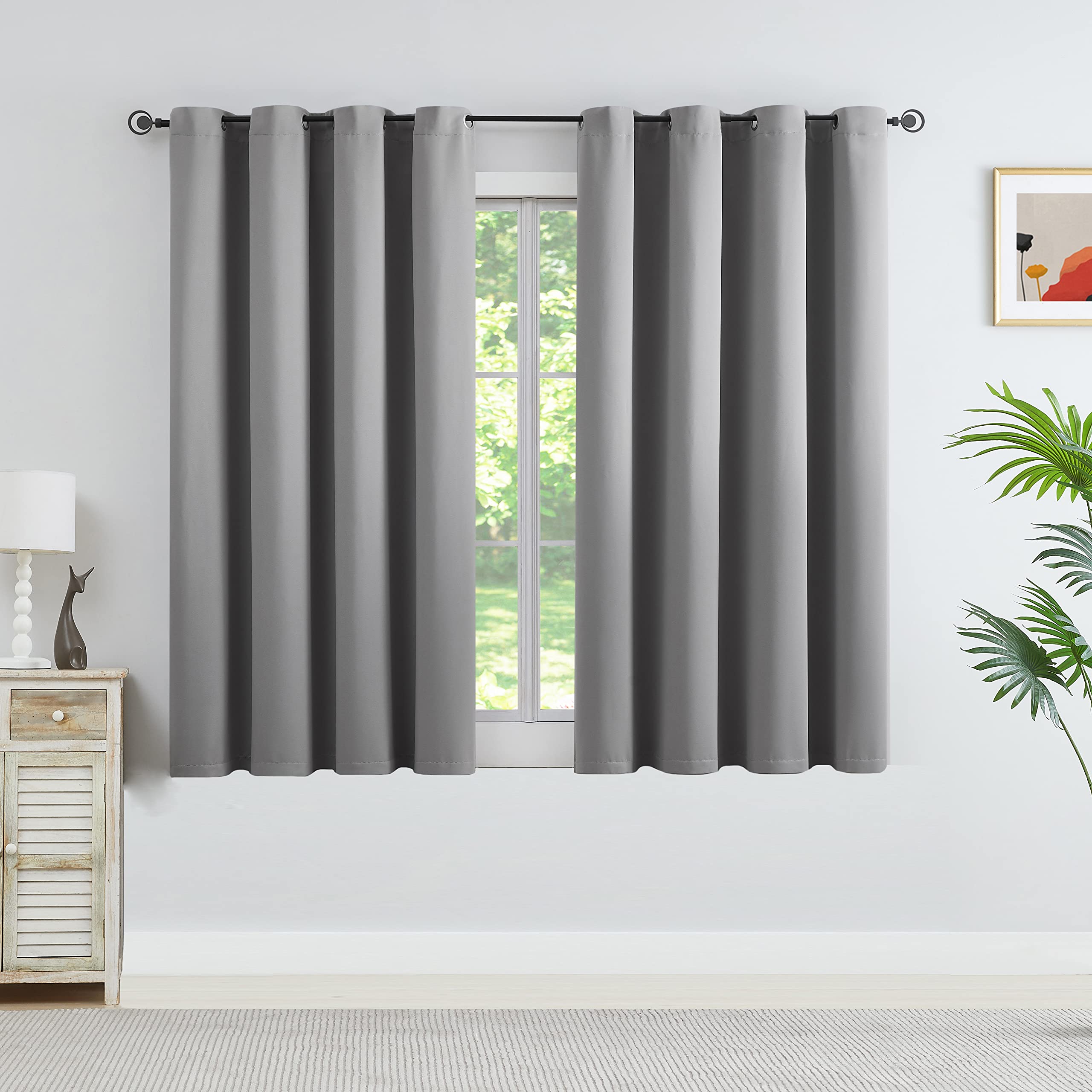 WEST LAKE Short Grey Blackout Curtain for Bedroom Gray Noise Reducing Thermal Insulated Window Treatment with Eyelets for Small Window, Living Room, Set of 2, Each 46" x 54"