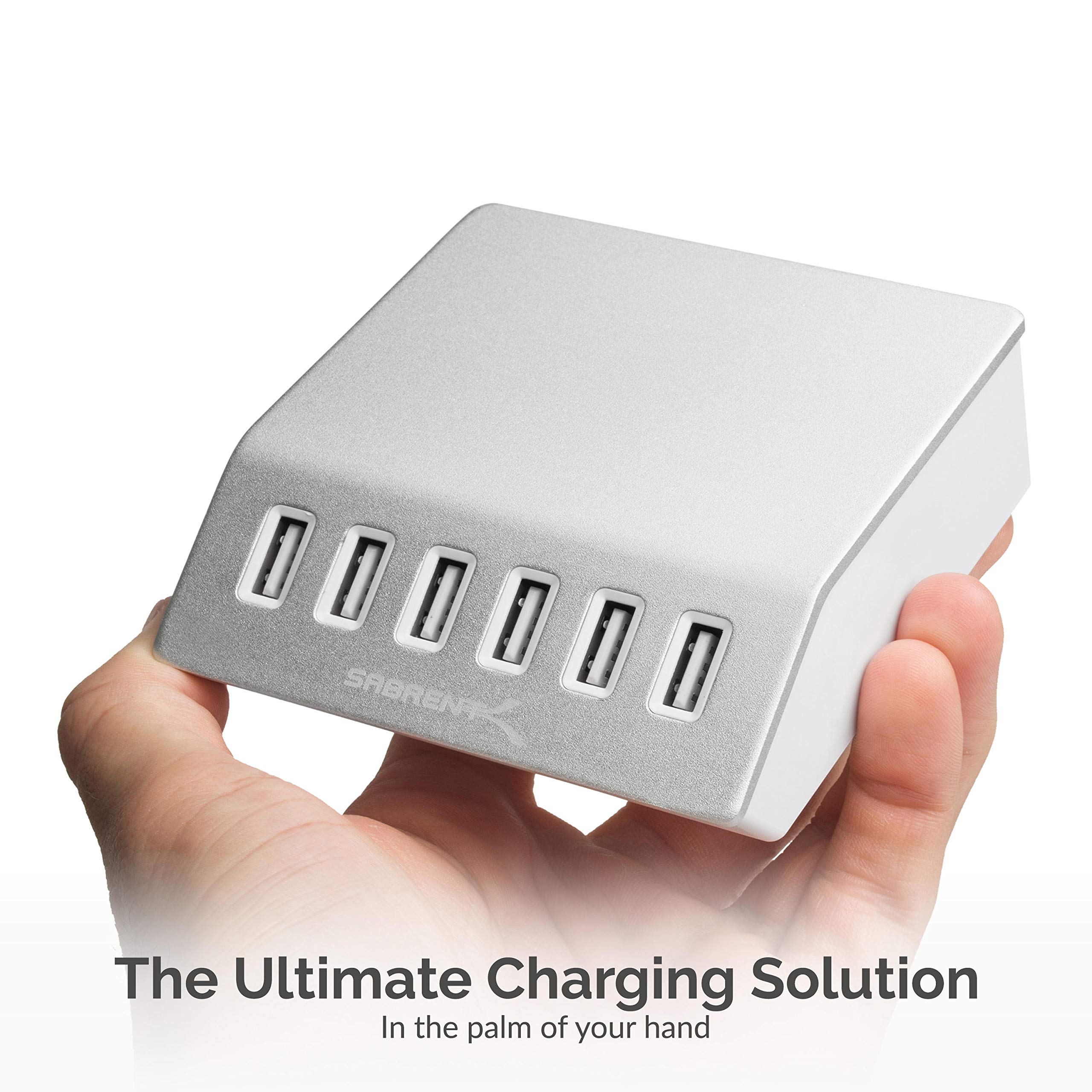 SABRENT Premium 60 Watt (12 Amp) 6 Port Aluminum Family Sized Desktop [UL Certified ] USB Rapid Charger. Smart USB Charger with Auto Detect Technology [Silver] (AX-FLCH)