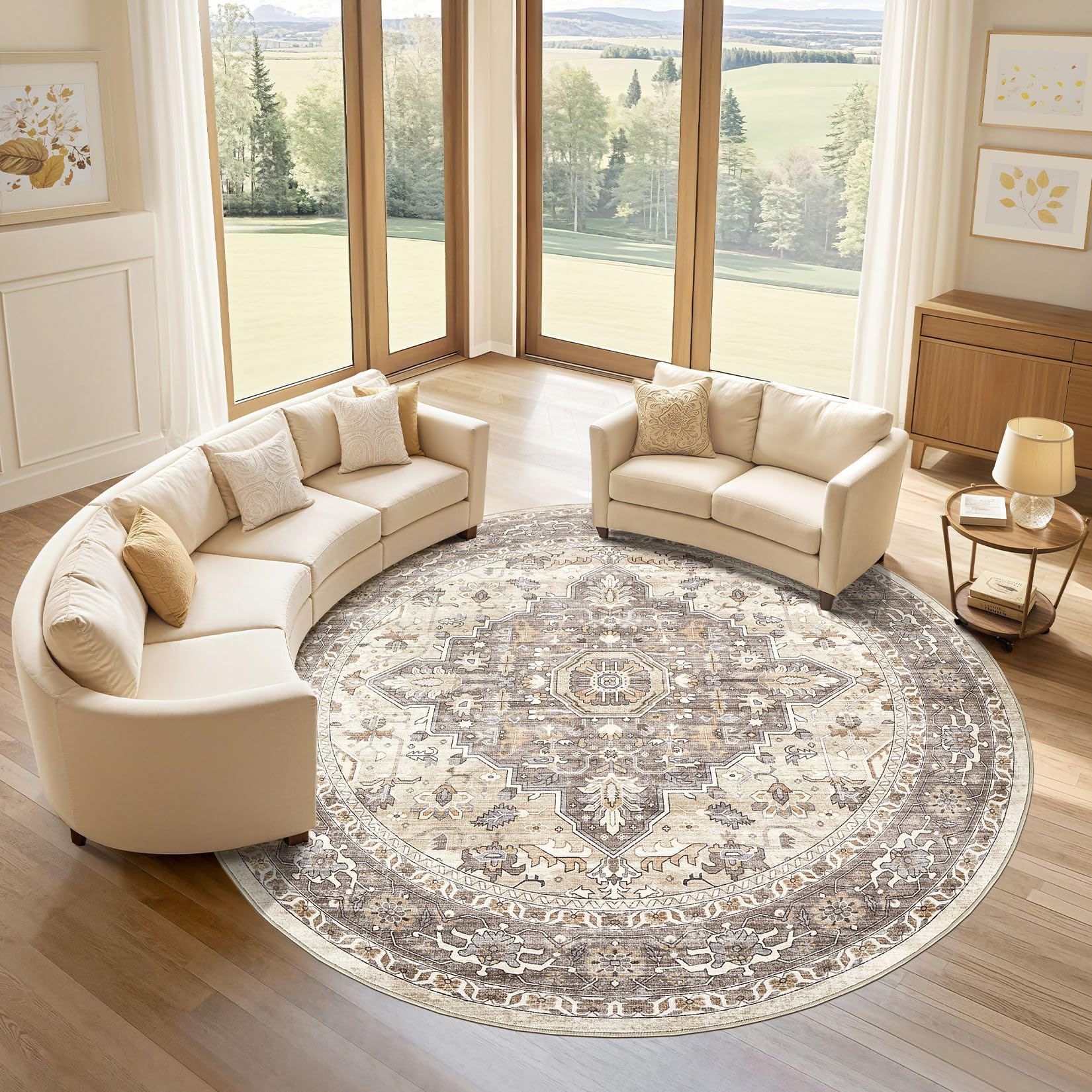 Photo 1 of Round Rug Living Room Rugs: 8Ft Washable Boho Neutral Large Circle Soft Indoor Floral Stain Resistant Floor Farmhouse Carpet for Bedroom Nursery Kids Playroom Office Dining Room Dorm Home- Beige Brown
