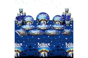 RAGNHILD Christmas Nativity Party Supplies, Christmas Party Decorations with Disposable Nativity Paper Plates and Napkins Cups Tablecloth, Jesus Dinnerware Tableware for Xmas Winter Religious Party, Serve 25