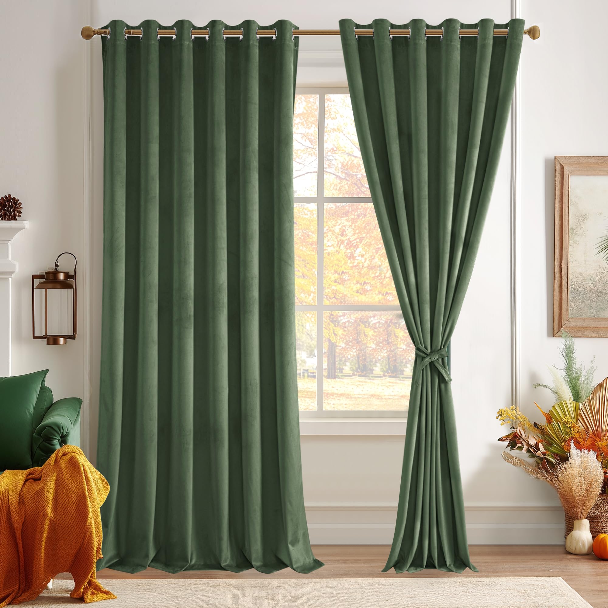 JIUZHEN Oliver Green Velvet Curtains 96 inches for Living Room - Thermal Insualted Room Darkening Grommet Thick Velvet Window Drapes for Bedroom/Dining Room, Set of 2 with Tiebacks, 70W x 96L Image