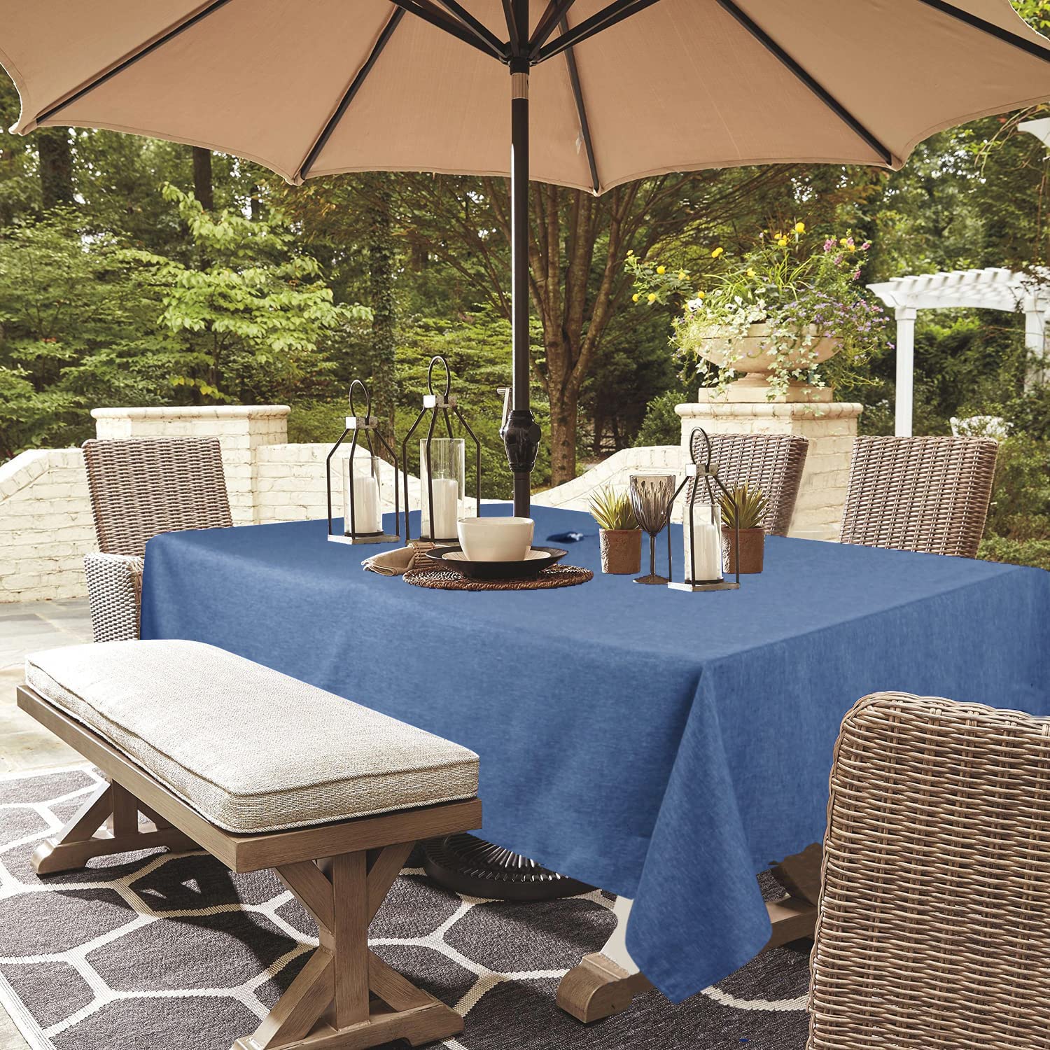 Photo 1 of youngseahome Outdoor Tablecloth Wrinkle-Free Stain Resistant Waterproof Polyester Fabric Table Cover with Zipper Umbrella Hole for Picnic/Party/Dinner/Patio Garden(60×84inch,Zippered,Denim Blue)