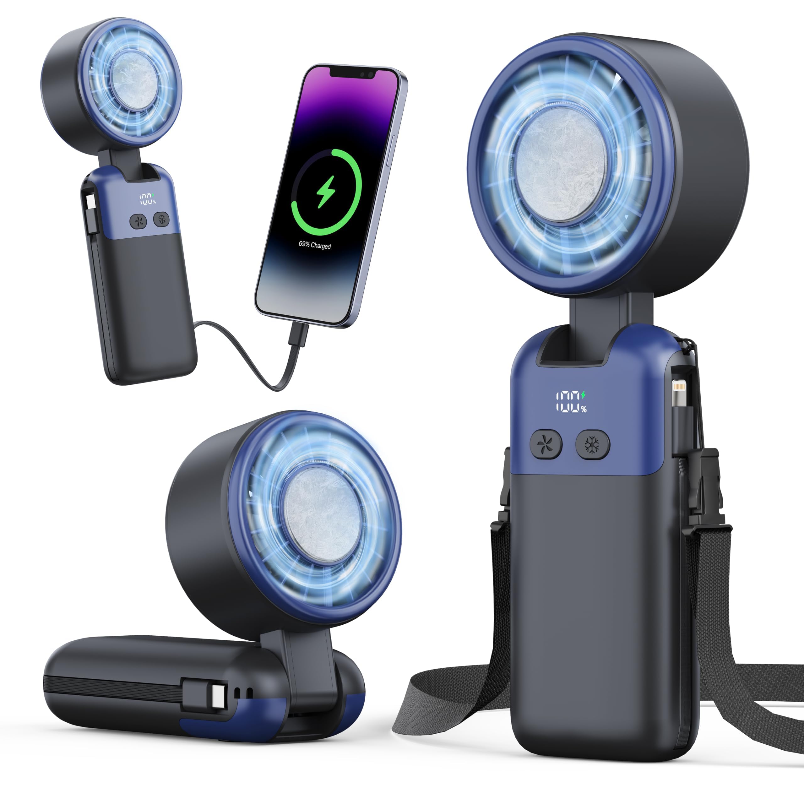 ハンディファン 冷却プレート付き【2026夏革新版・-28℃瞬間冷却・超高速暴風】携帯扇風機 4way手持ち/首掛け/卓上/吊り下げ 5枚羽根 199無段階風量調節 強力 暴風 冷感 静音 USB充電式 Type-C対応 8000mAh大容量 LED残量表示 手持ち扇風機 熱中症対策 暑さ対策