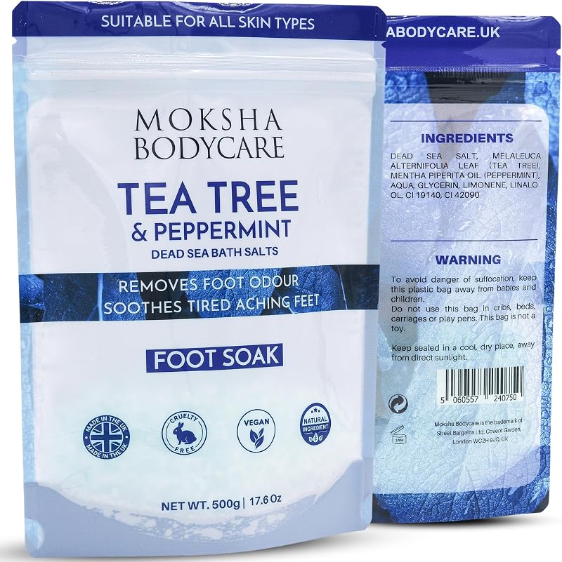 Moksha Tea Tree Foot Soak Salts 500g UK Made - Dead Sea Bath Salts for Hard Skin