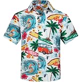 Yoimira Hawaiian Shirts for Boys Button Down Shirt | Boys Hawaiian shirt with tropical print, button down short sleeve top for beach, luau, vacation and summer wear