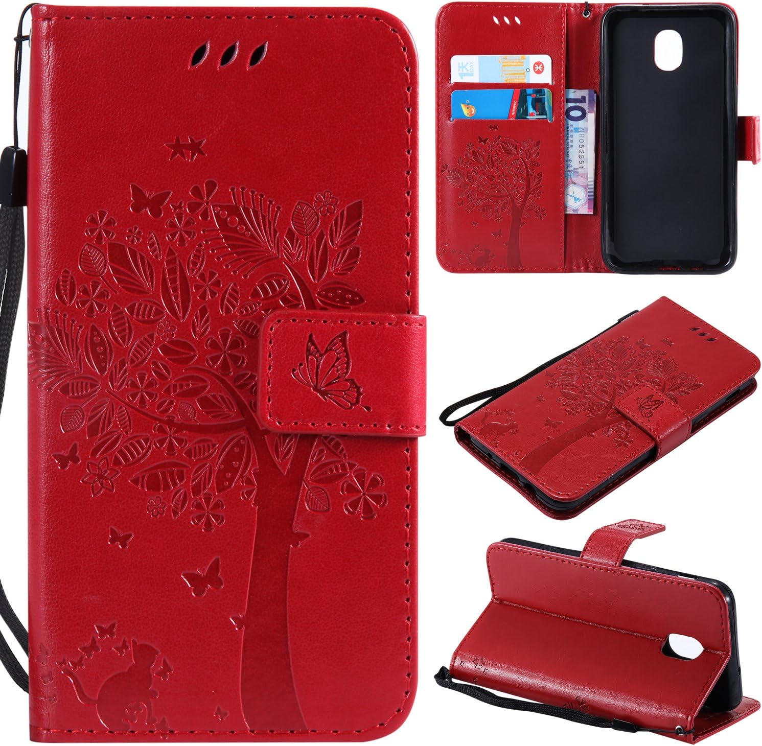 Galaxy J3 2018 Case,Express Prime 3 Case,J3 Star Case,J3 V 3rd Gen Case,J3 Achieve Case,PU Leather Case Emboss Love Tree Cat Card Holder Flip Case for Samsung Galaxy J3 2018/Amp Prime 3 Red