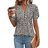IECCP Womens Tops Puff Short Sleeve Shirts Dressy Casual Henley V-Neck Summer Tops Pleated T-Shirts Loose Fit Tunic Blouses