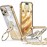 XYZ for iPhone 14 Pro Case with Stand, Phone Case with Double Ring Kickstand, Women Girls Bling Luxury Glitter Clear Phone Case Cover Heart for iPhone 14 Pro, Gold