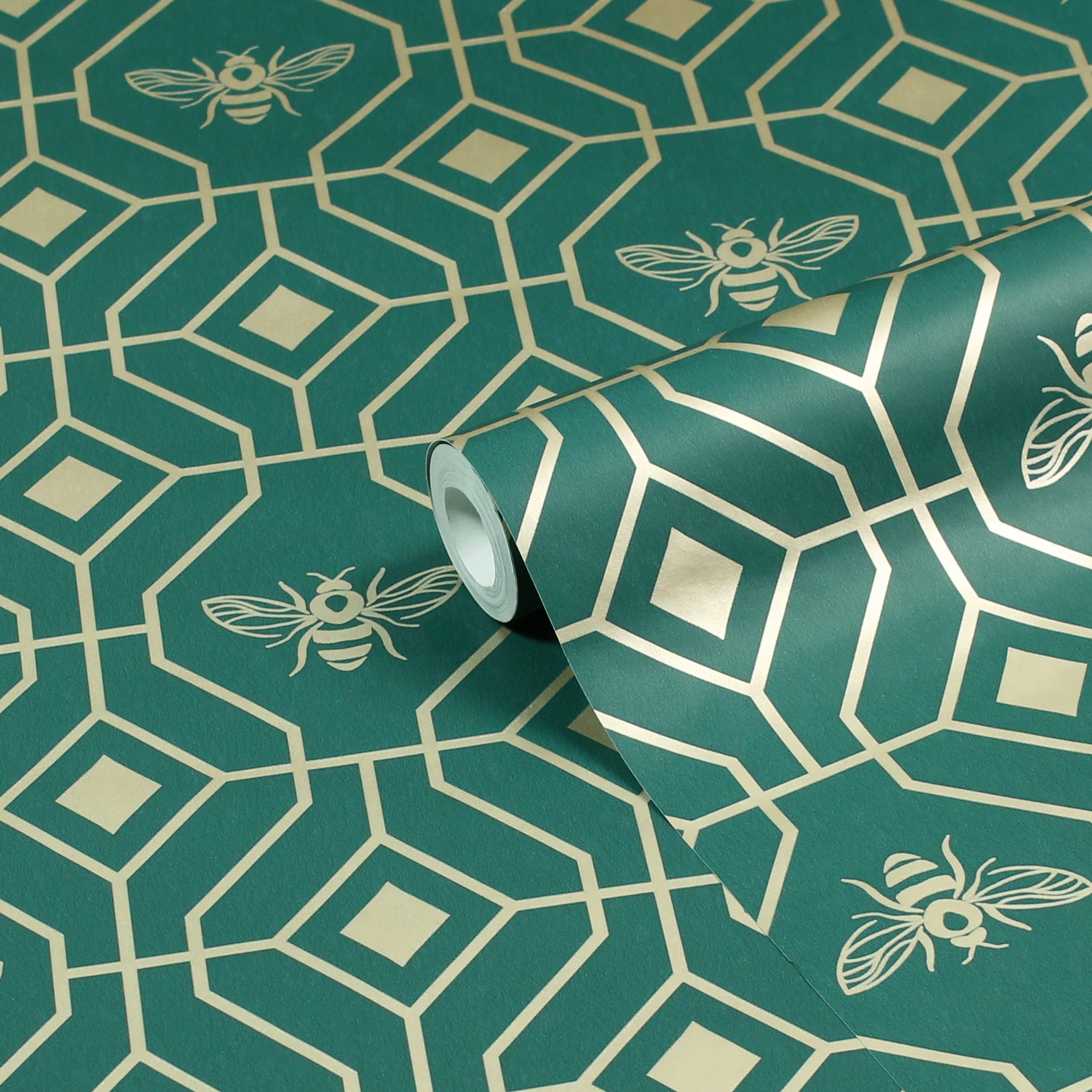 furn. Bee Deco Geometric Printed Wallpaper, Emerald