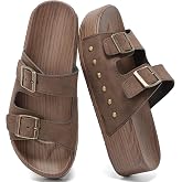Bkiborkb Women's Cork Footbed Sandals, Double Buckle Slip-On Slides Outdoor | Bkiborkb Women's Cork Footbed Sandals, Double Buckle Slip-On Slides with Arch Support, Comfortable Summer Beach Shoes Outdoor