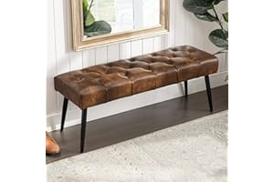 LUE BONA Button-Tufted Ottoman Bench, 44.5'' Leather Upholstered Padded Bedroom Entryway Bench, End of Bed Bench with Metal L