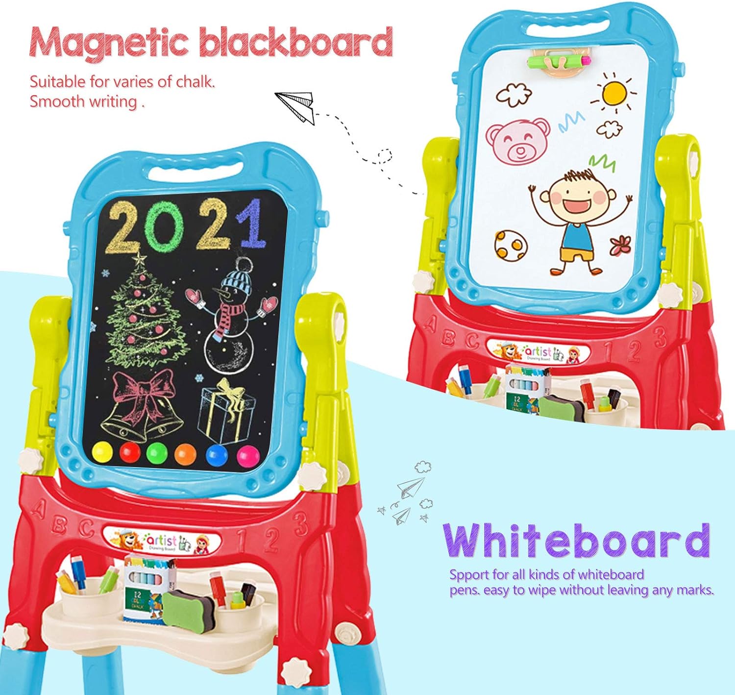 Mojitodon Easel for Kids,Rotatable Double Sided Easel for Kids Adjustable Standing Art Easel with Painting Accessories for Toddlers Boys and Girls-Blue: Home & Kitchen