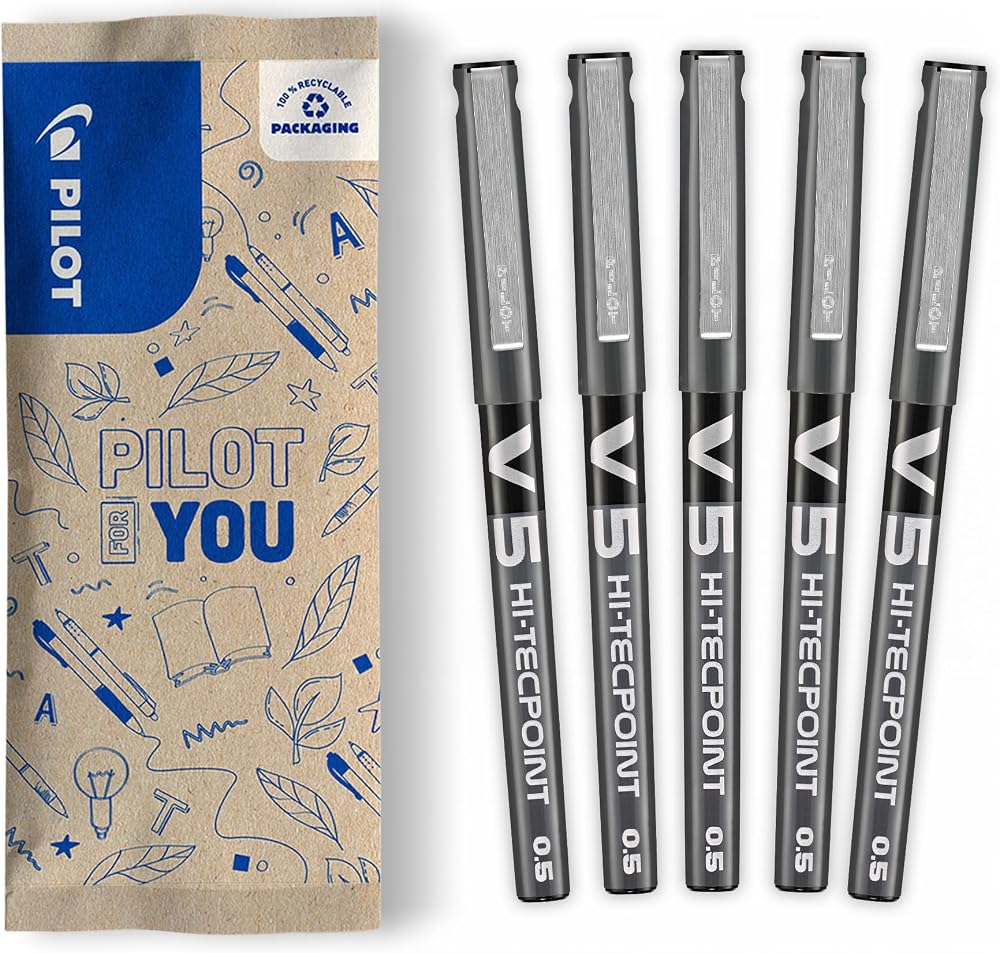 Pilot V5 Hi-Tecpoint Fine 0.5mm Liquid Ink Pen 5 Pack Black