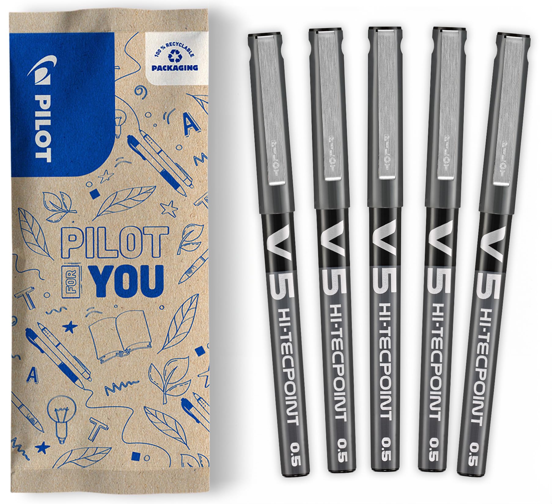 PILOT - V5 Hi-Tecpoint Liquid Ink Pen - Fine 0.5mm Tip - 5 x Black Pens