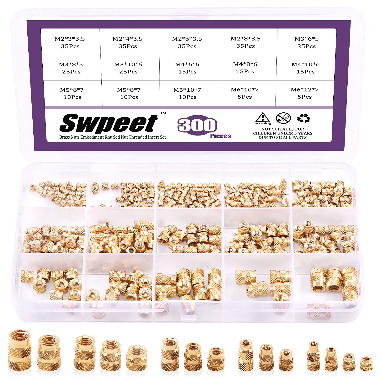 Sweet 300PCs 5 Values M2-M6 Female Thread Knurled Nuts Brass Threaded Insert Embedment Nuts Hydraulic Welded Joint Assortment Kit Perfect for 3D Printing & Injection Molding