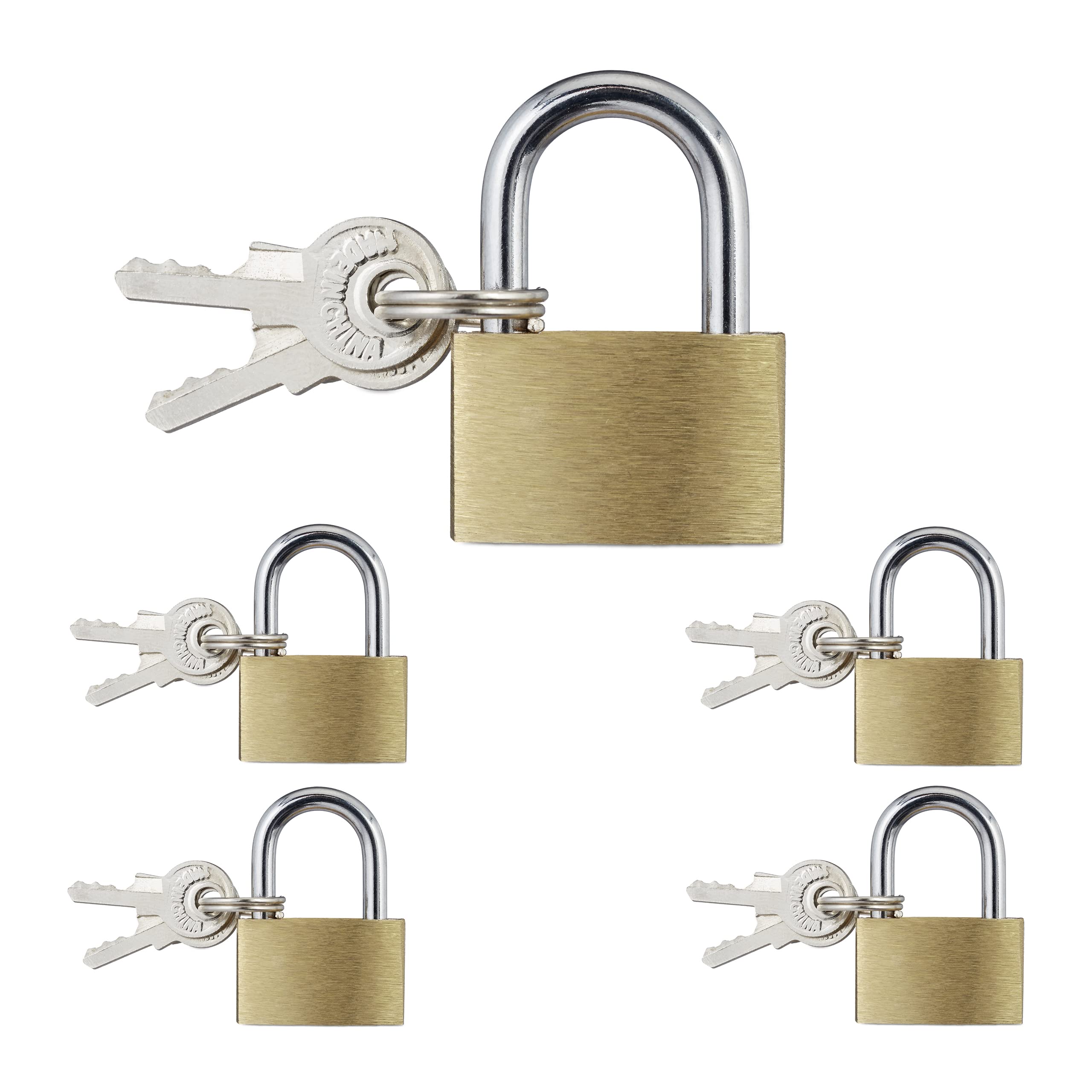 Relaxdays 10024069, Gold Set of 5 with 10 Keys, Height 35 mm, Suit-or Briefcase, Locker Padlock, Steel, One Size