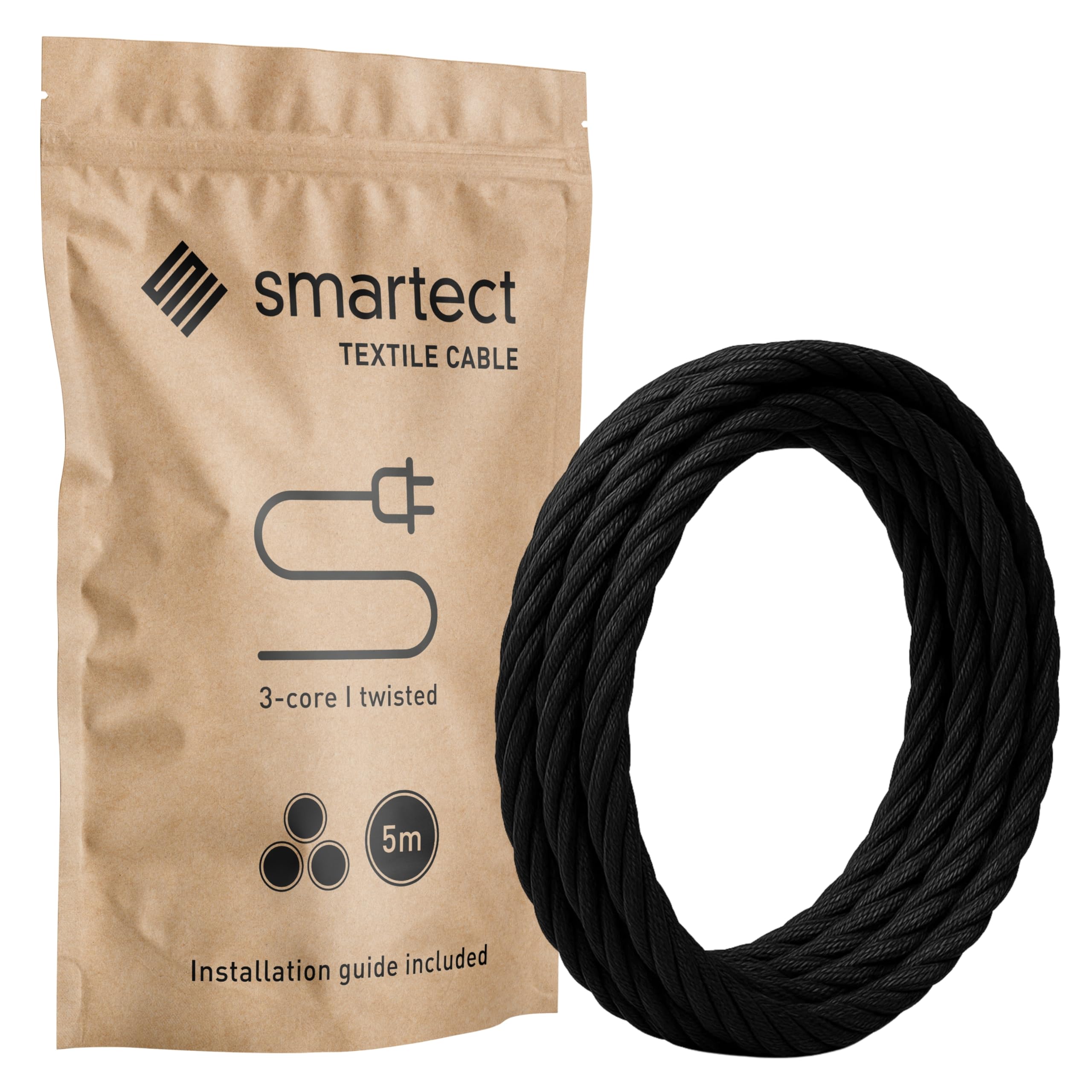 smartect Braided Cable twisted, Black, 5 Metres 3 Core Electrical Cable (3 x 0.75mm²) Vintage Fabric Electrical Wire for your DIY project