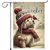 Hello Winter Dog Garden Flag 12x18 Vertical Double Sided Cardinal Bird Snow Christmas Holiday Outside Decorations Burlap Yard Flags