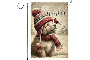 RMXJKIIU Hello Winter Dog Garden Flag 12x18 Vertical Double Sided Cardinal Bird Snow Christmas Holiday Outside Decorations Burlap Yard Flags