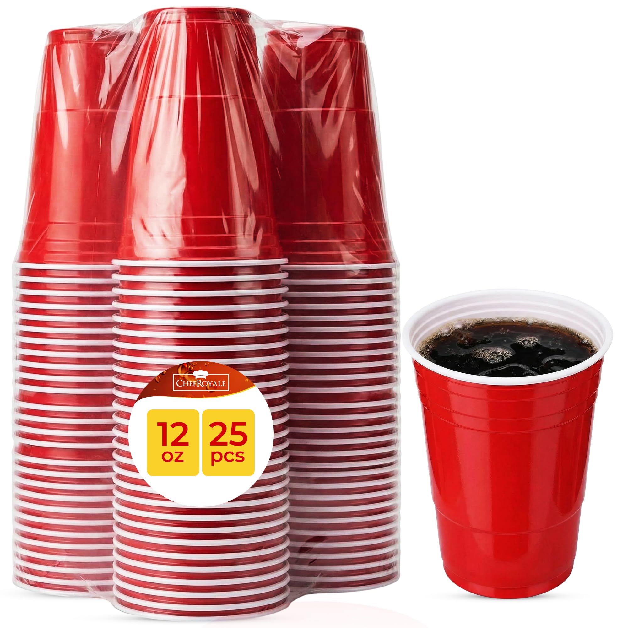 CHEF ROYALE 12oz (25 pcs) Red Plastic Cups - Disposable Drinking Cups - Recyclable BPA Free - Eco-Friendly Red Cups for Halloween, Christmas, Birthdays, Weddings (25, 12oz)