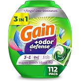 Gain Flings Laundry Detergent Pacs with Odor Defense, 112 Count, Super Fresh Blast Scent, HE 3in1 Detergent Pacs with Febreze and Oxi