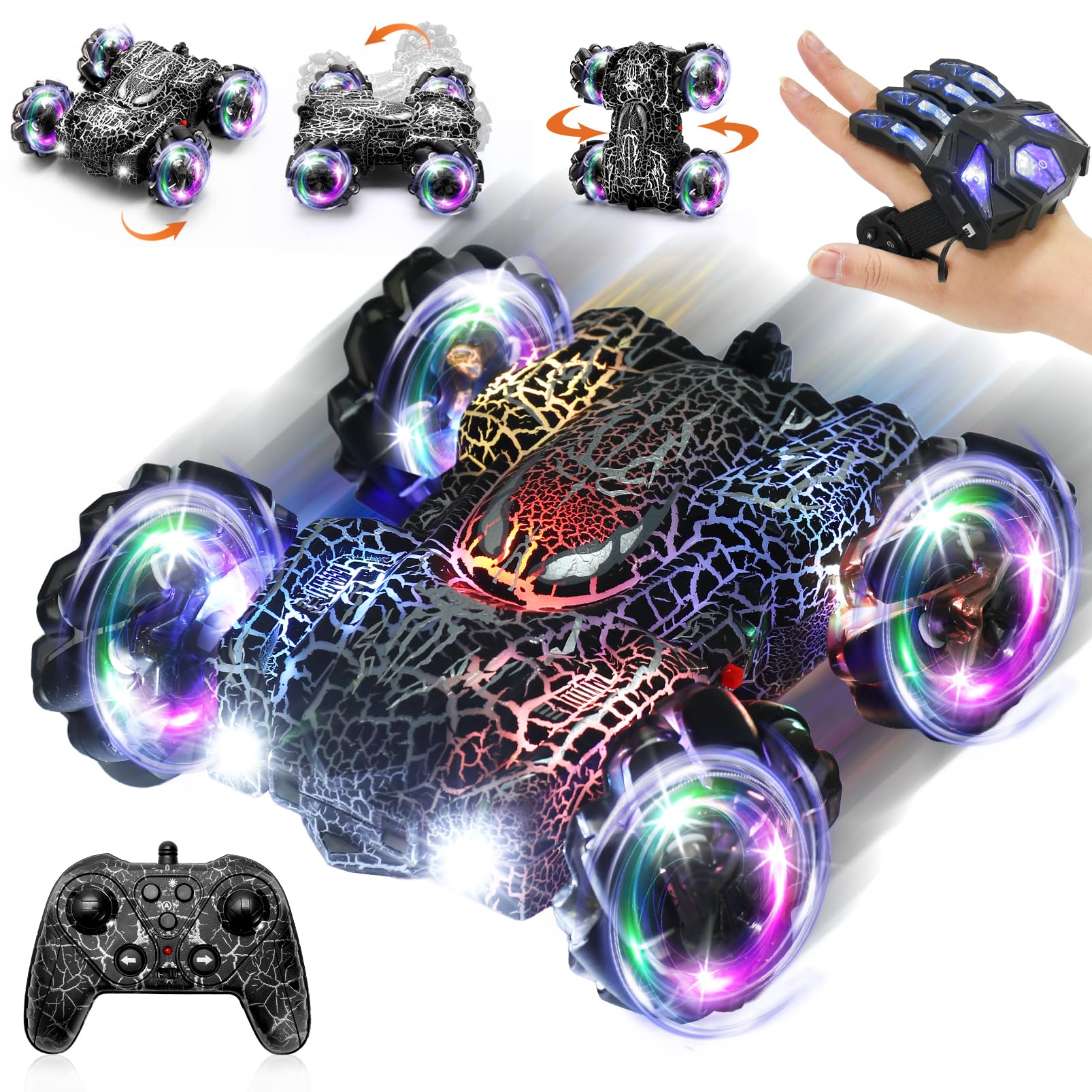 Hand Controlled Remote Control Car, 2.4Ghz Gesture Sensing RC Stunt Car with Wholebody Light & Headlight, Rechargeable 360° Rotating Double Sided RC Cars Black Spider Toys for Boys 4-6 5-7 8-12 Image