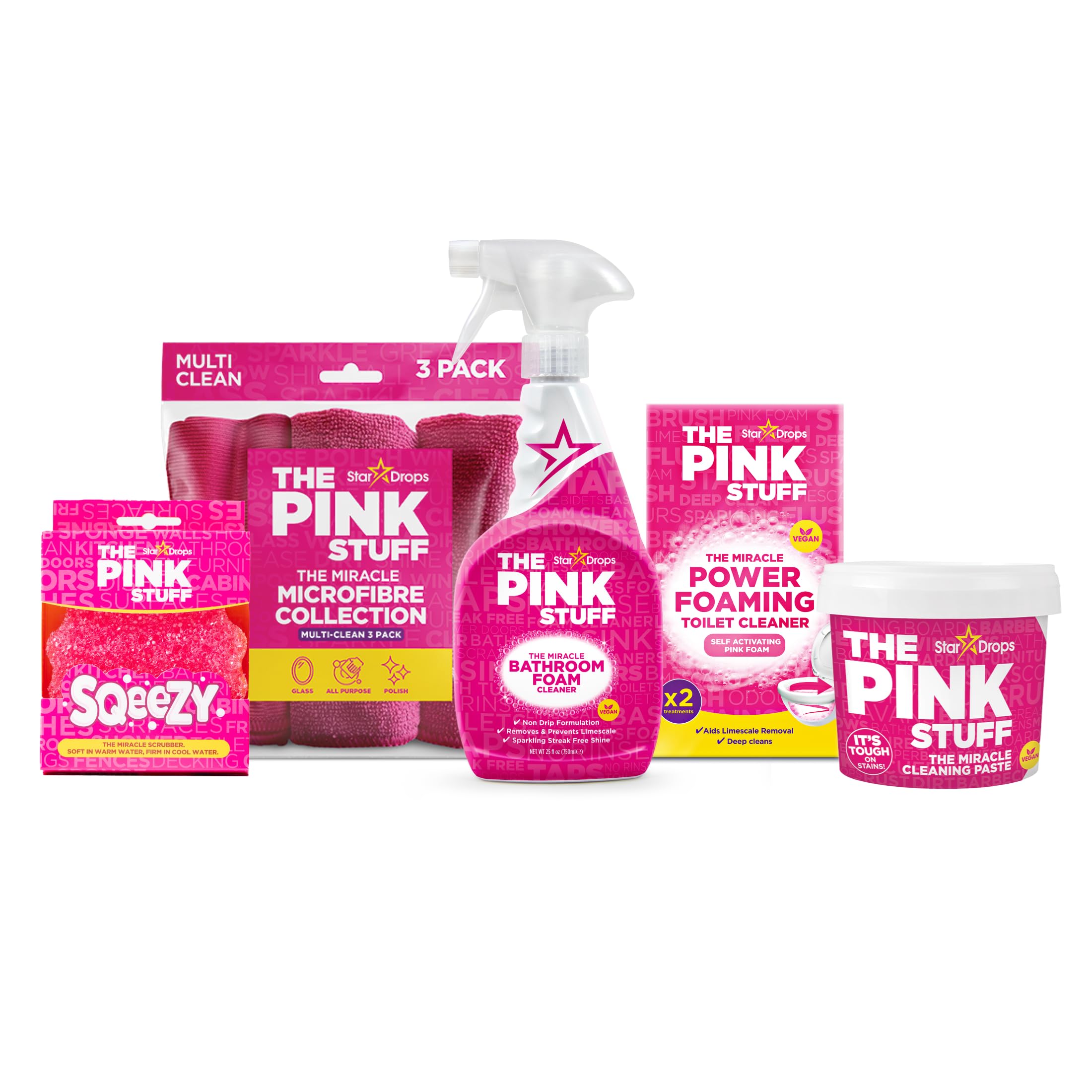 Photo 1 of Stardrops - The Pink Stuff Bathroom Cleaning Kit – Cleaning Paste, Bathroom Foam Spray, Toilet Foaming Powder, SQeeZY Sponge & 3 Microfiber Cloths – Tough on Stains, Grease & Soap Scum