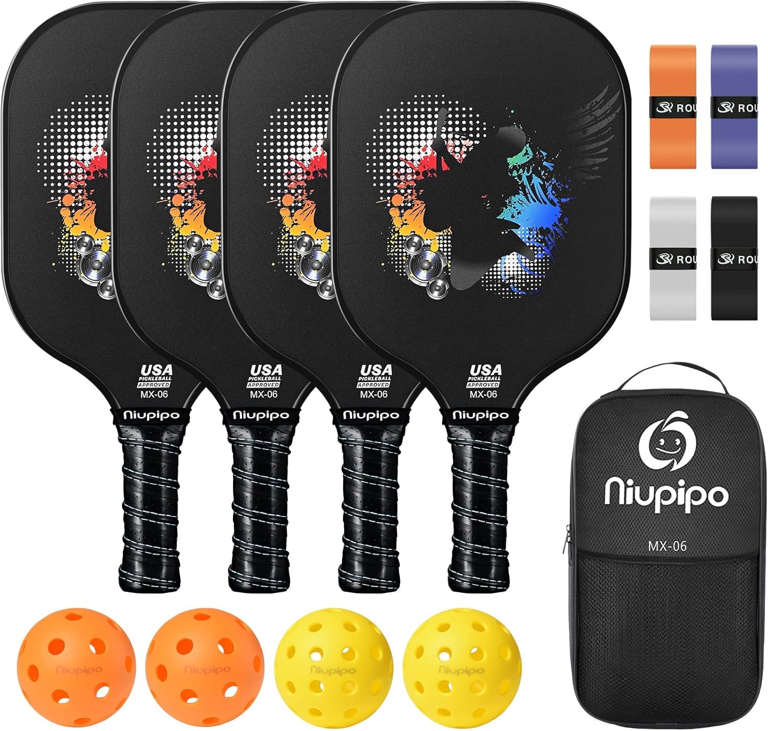 niupipo Pickleball Paddles Set of 2/4/1, USAPA Approved Graphite Carbon Fiber Pickleball Rackets, Polypropylene Honeycomb Core, Cushion 4.72In Grip, Bag/Cover, Pickle Ball Paddle Set for Men Women