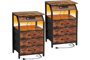 SZLHANJZ End Tables Set of 2, Nightstands with Charging Station and LED Lights, 3 Drawers Fabric Dresser, Storage Side Tables for Bedside, Living Room, Rustic Brown