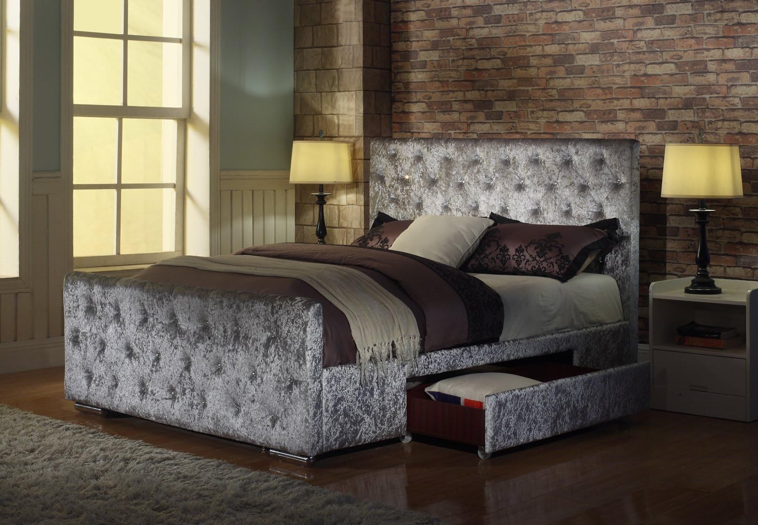 Crushed Velvet Fabric Bed Frame Zoe Silver 5ft, King Size