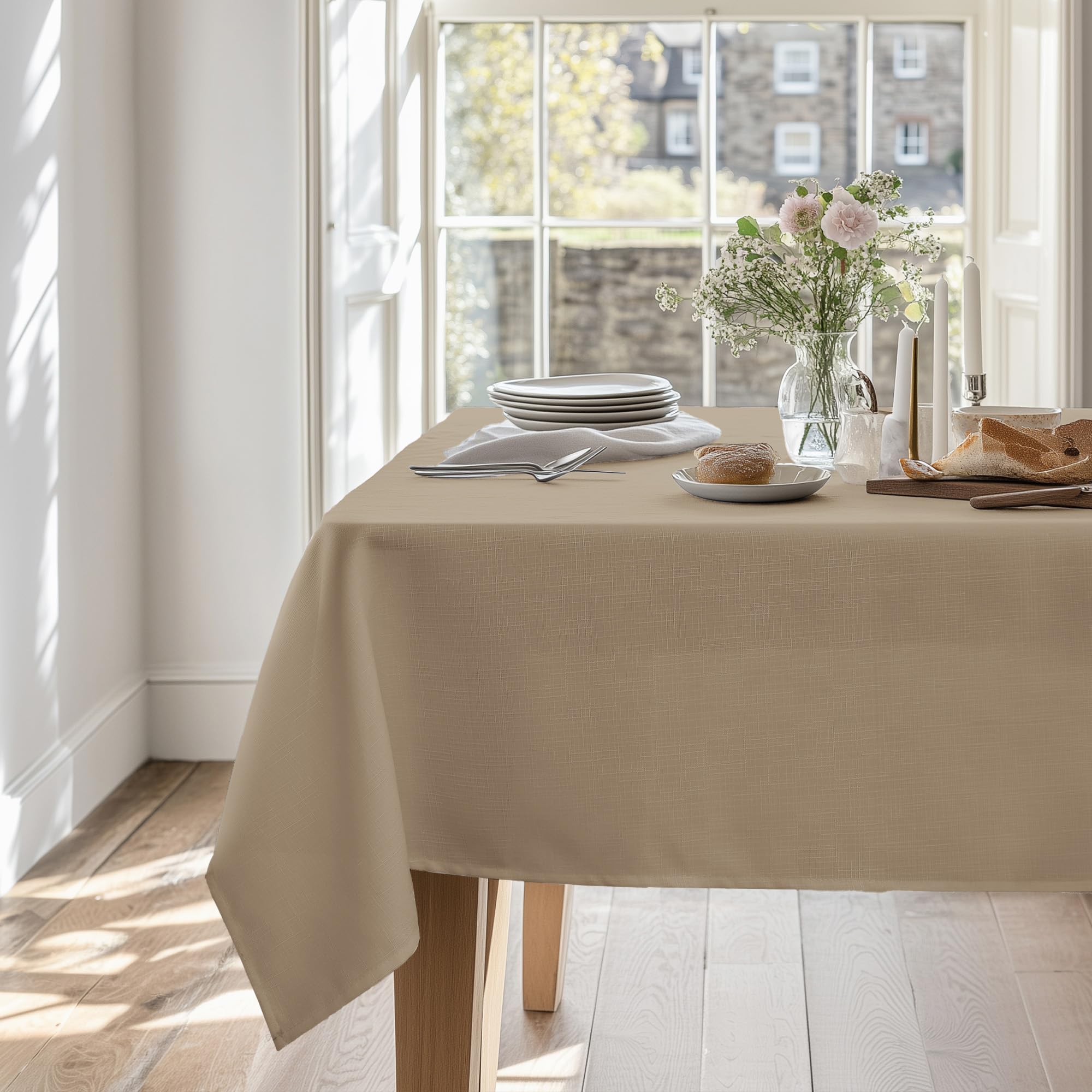 Deconovo Garden Rectangular Table Covers Water Resistant Tablecloths Faux Linen Tablecloth Table Cloth for Children Light Khaki 130x220cm(51x87in)