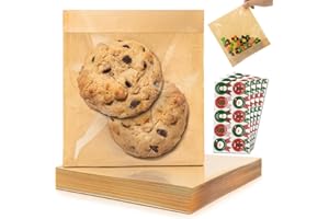 GOULIKFUL 100 Pack Self Sealing Cookie Bags with Seal, 5.9x6.5 Inch Paper Bakery Bags with Window, Grease Resistant To Go Sleeves for Packaging Donut, Snack, Scone, Brownie, Included 100 Christmas Stickers