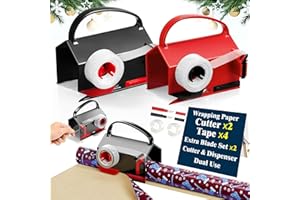 KUODIEOR Upgrade 2 Pack Wrapping Paper Cutter &Tape Dispenser Dual Use, Gift Wrap Cutter Tool with 4 Tapes, 2 Replace Blades Kit for Rolls Paper, Perferct for Christmas Birthday, Easy Cut for Present Wrapping