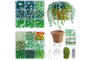 Green Glass Beaded Plant Kit with Rattan Basket Manual, Forever Plant Kit, Hanging Suncatchers Beading Kit for Jewelry Making