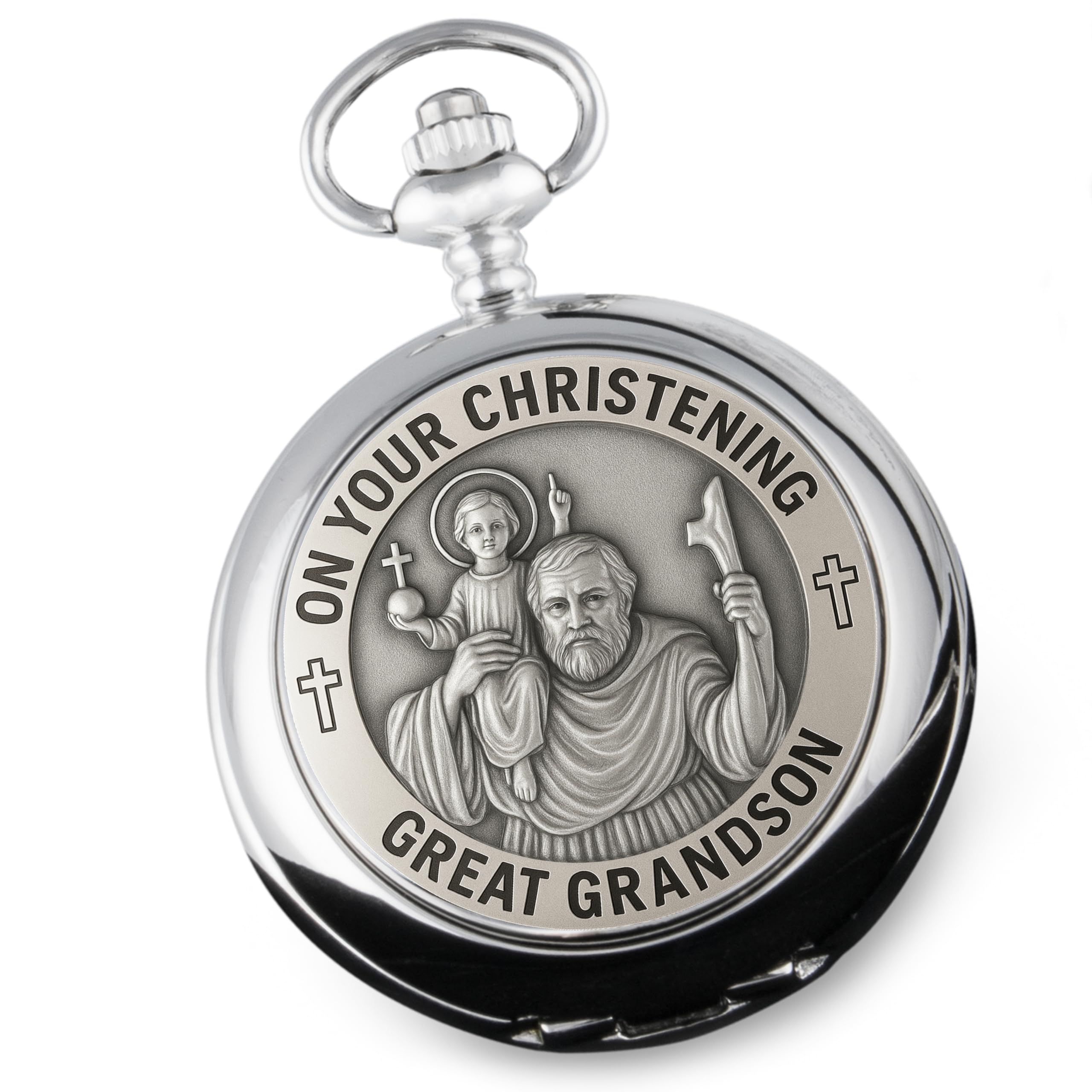De Walden Great Grandson Christening St Christopher Pewter Pocket Watch Gift Idea