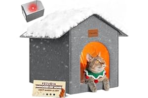 Fecuria Insulated Outdoor Cat House Weatherproof, Winter Cat Dog Houses for Outdoor Cats with Heated-Foil, Waterproof Feral Stray Cat Shelter with Door Curtain and Warm Mat, Easy to Assemble, Grey