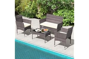 TINKLE WELL Outdoor Patio Furniture, 4 Pieces Rattan Chairs Wicker Conversation Set with Tempered Glass Table, Cushion, for Yard, Garden, Poolside, Porch, Bistro, Balcony, Brown and Beige