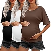 Ficerd 3 Pack Maternity Shirts Cotton Half Sleeve Side Ruched Tops Crew Neck Tunic Tees Summer Casual Pregnancy Clothes