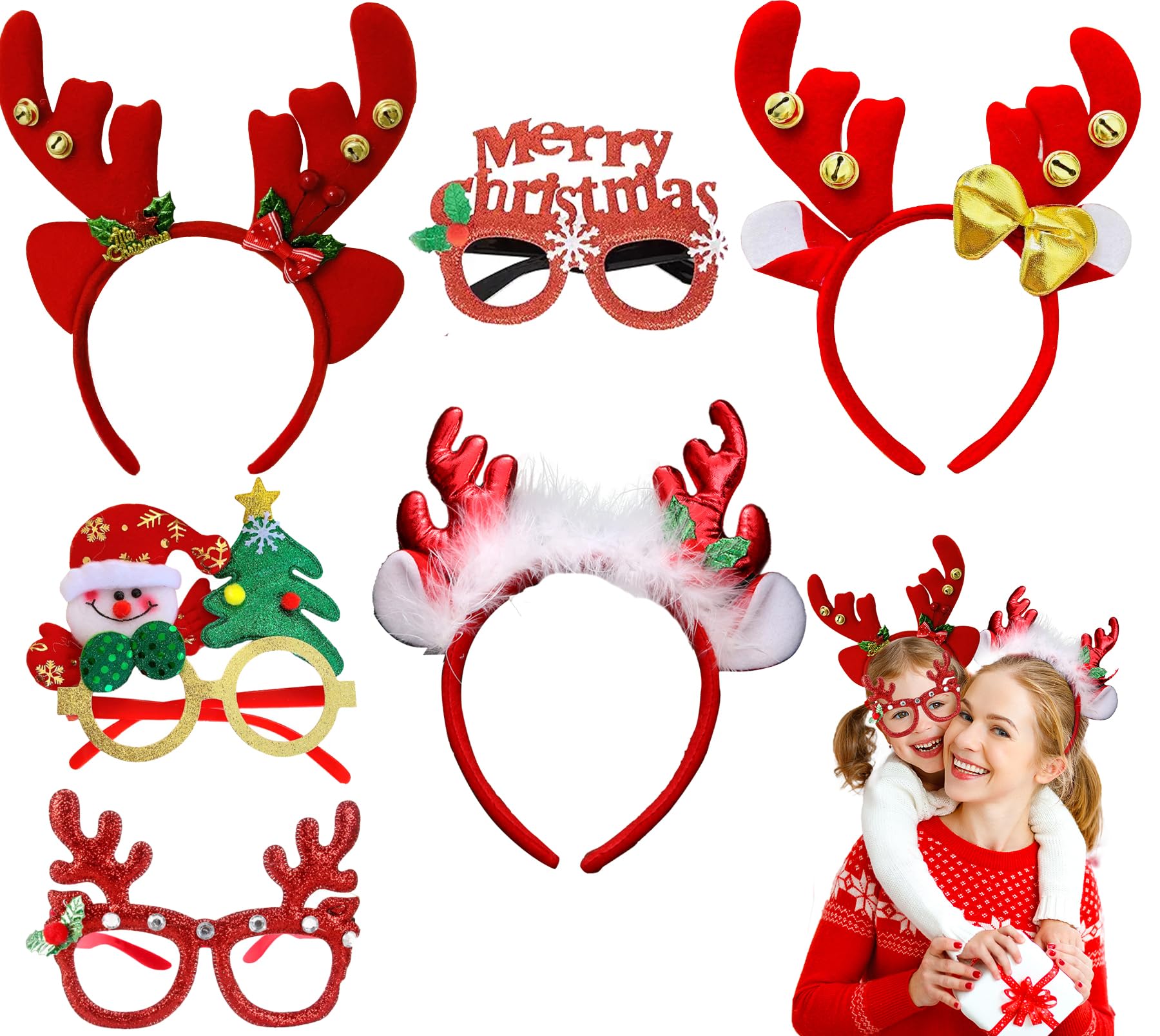 DomoJoy 6 Piece Christmas Headband, Glitter Christmas headband & Party Glasses for Kids and Adults, Christmas Headwear Carnival Night Costumes and Decorations