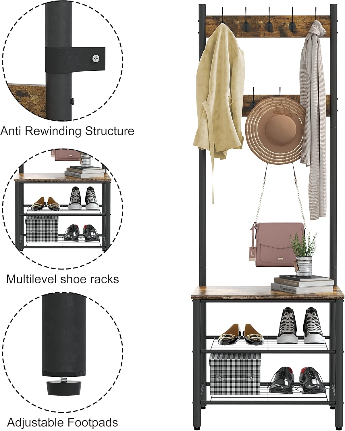 Gadroad Coat Rack, Shoe Bench, 3-in-1 Entryway Hall Tree with Storage Shelf and 9 Hooks, Accent Furniture with Metal Frame, Rustic Brown and Black: Home Improvement