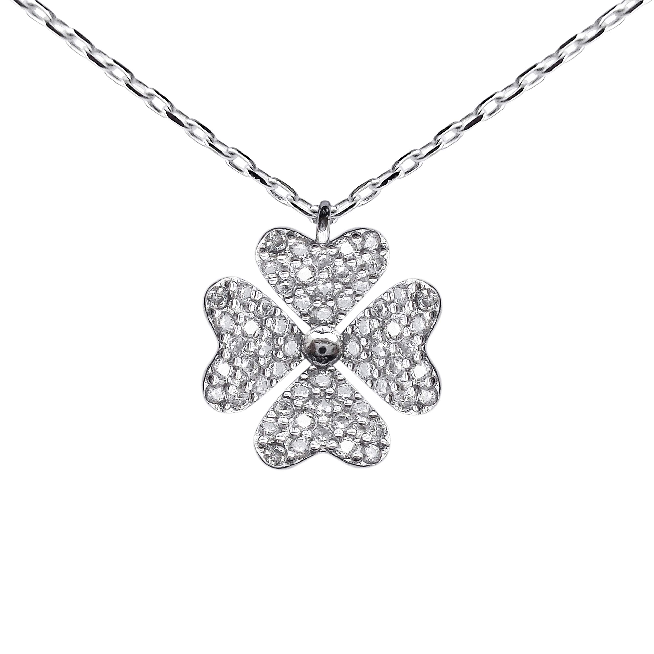 Hiqmic 925 Sterling Silver Fashion Four-Leaf-Clover Pendant Necklace White Gold Plated Jewelry 16"_WA99110-Silver
