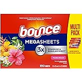 Bounce Mega Dryer Sheets, Paradise Blossom, 180 Count, Mega Fabric Softener Sheets with Static Control, Wrinkle Reduction, Extra Softness, Lasting Scent, Repels Lint