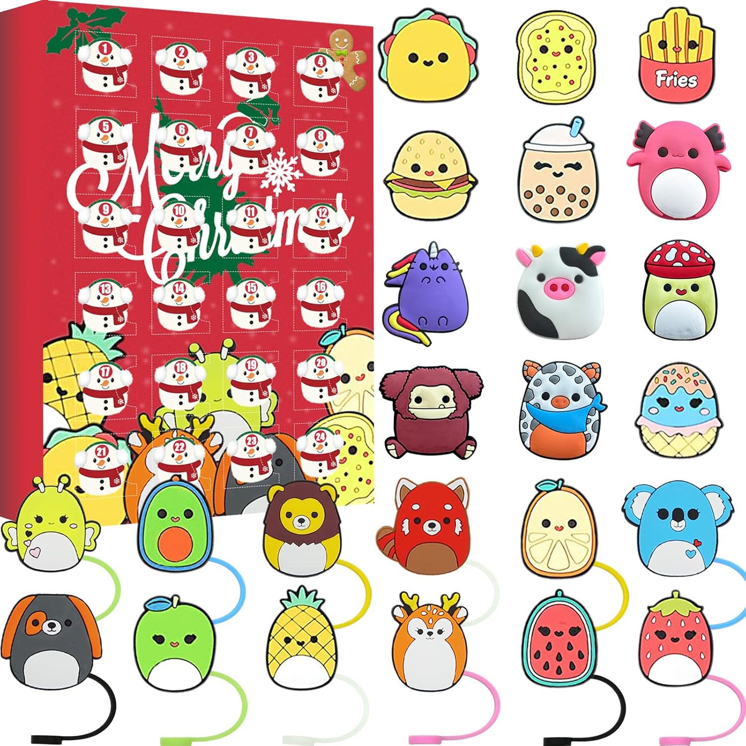 Advent Calendars - Squishmallow Advent Calendar 2023 with 24 Animal Reusable 12Pcs Straws Decor &12Pcs Straws Toppers, Christmas Countdown Calendar