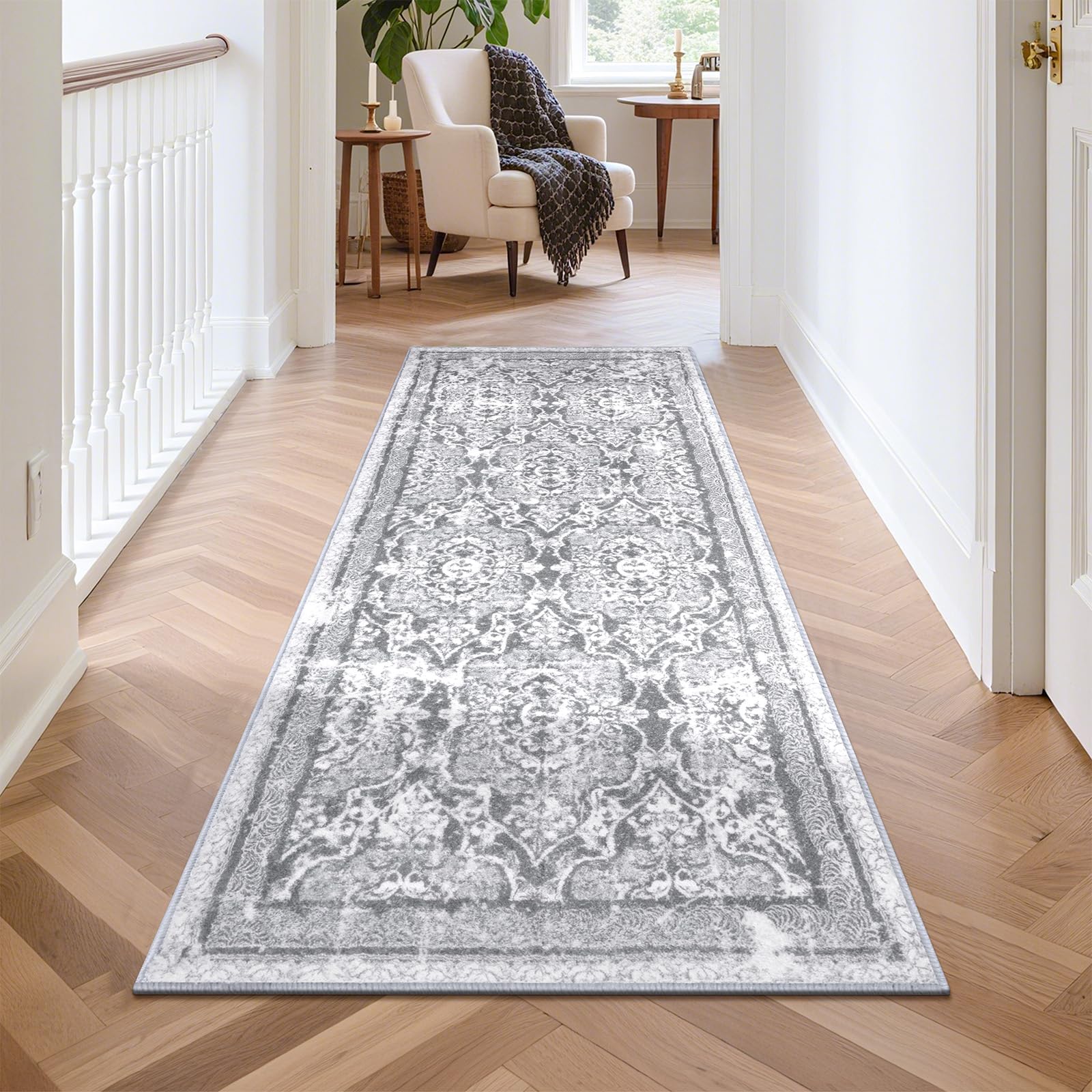 Enyhom Carpet Runner Rugs for Hallway 60 x 180cm Non Slip Machine Washable Boho Hallway Runners Extra Long Kitchen Runner Super Soft Carpet Rug for Living Room Entryway Laundry Room, Grey