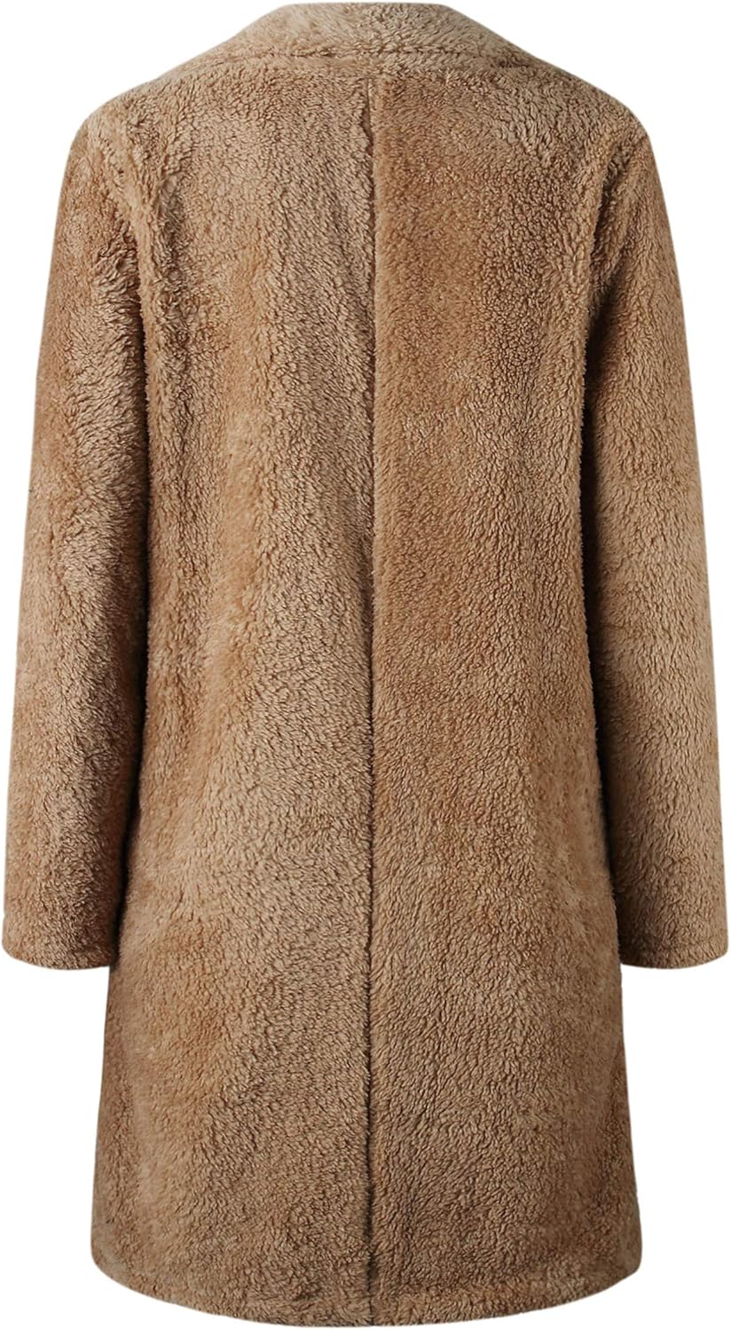 Angashion Women's Fuzzy Fleece Lapel Open Front Long Cardigan Coat Faux Fur Warm Winter Outwear Jackets with Pockets at  Women’s Clothing store